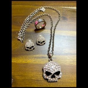 Authentic Harley-Davidson Willie G Skull Swarovski Necklace and Stud Earrings